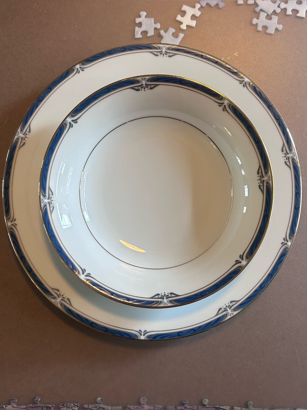 Noritake Evening Magic 4159 Dinner Plate Rim Soup Bowl Blue Gold Fine China